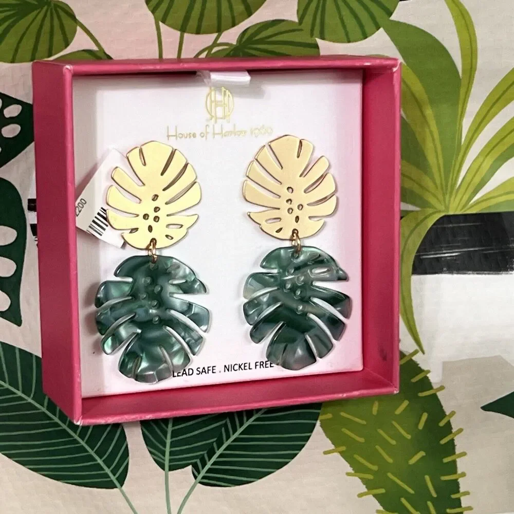 Monstera Leaf Dangling Earrings Green Gold Nickel Free Tropical Plant Palm NIB - Picture 5 of 12